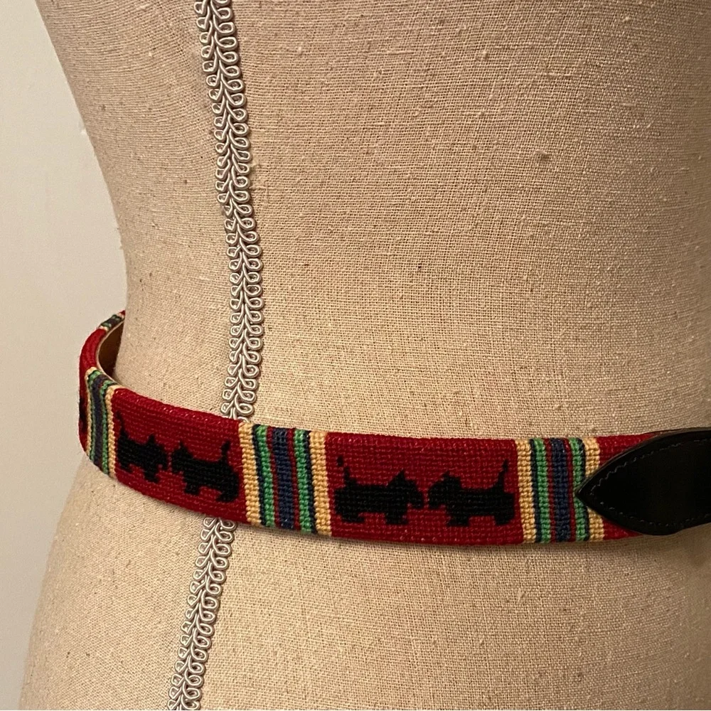 NEEDLEPOINT BELT HAND CRAFTED RED BLACK SCOTTIE DOGS TERRIER LEATHER SIZE 32